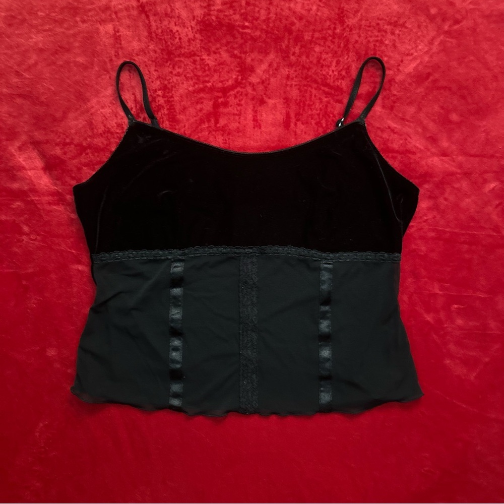 Bisou Bisou Early 2000s Goth Black Velvet Mesh Lace Camisole Tank Top